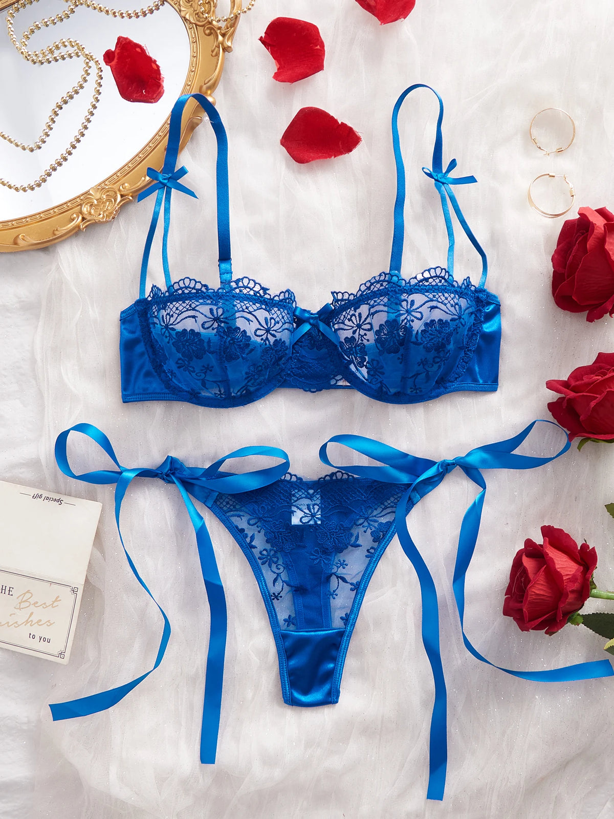 Lady Floral Embroidery Lingerie Set Women Sheer Bra and Brief Underwear Set Satin Sexy Intimates Underwear