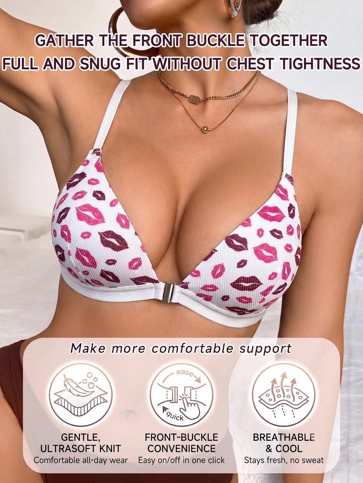 Lips Pattern Women Sexy Bra Front Closure Wireless Adjustable Straps Comfort Push‑Up Everyday Lingerie