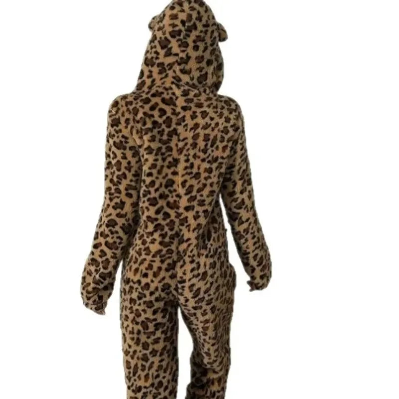 Thickened Coral Fleece Ladies Pajamas Winter Ear Printed Leopard Patterned Sleepwear One-Piece Home Clothes for Women Bodysuit