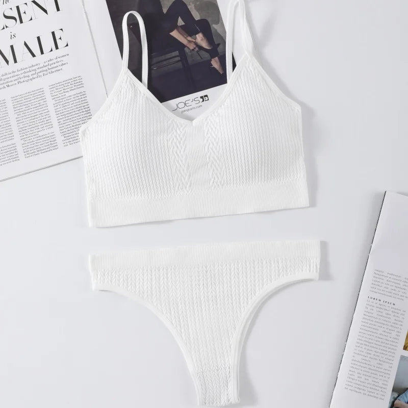 Women Seamless Bra Panties Set Push-Up Non-wire Bralette Low-Rise Briefs Sexy Lingerie Female Comfort Rib Sports Underwear Set