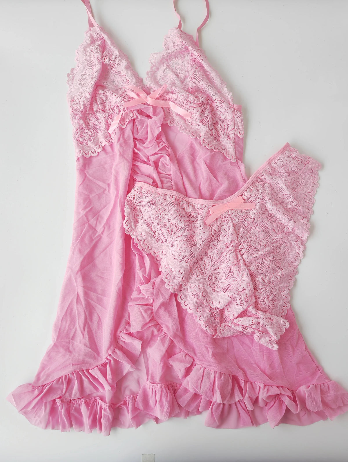 Toucheart Contrast Lace Nightgown Deep V Backless Bow Slip Dress Women Sexy See-Through Slit Lace Pajama 2-Piece Set With Thong