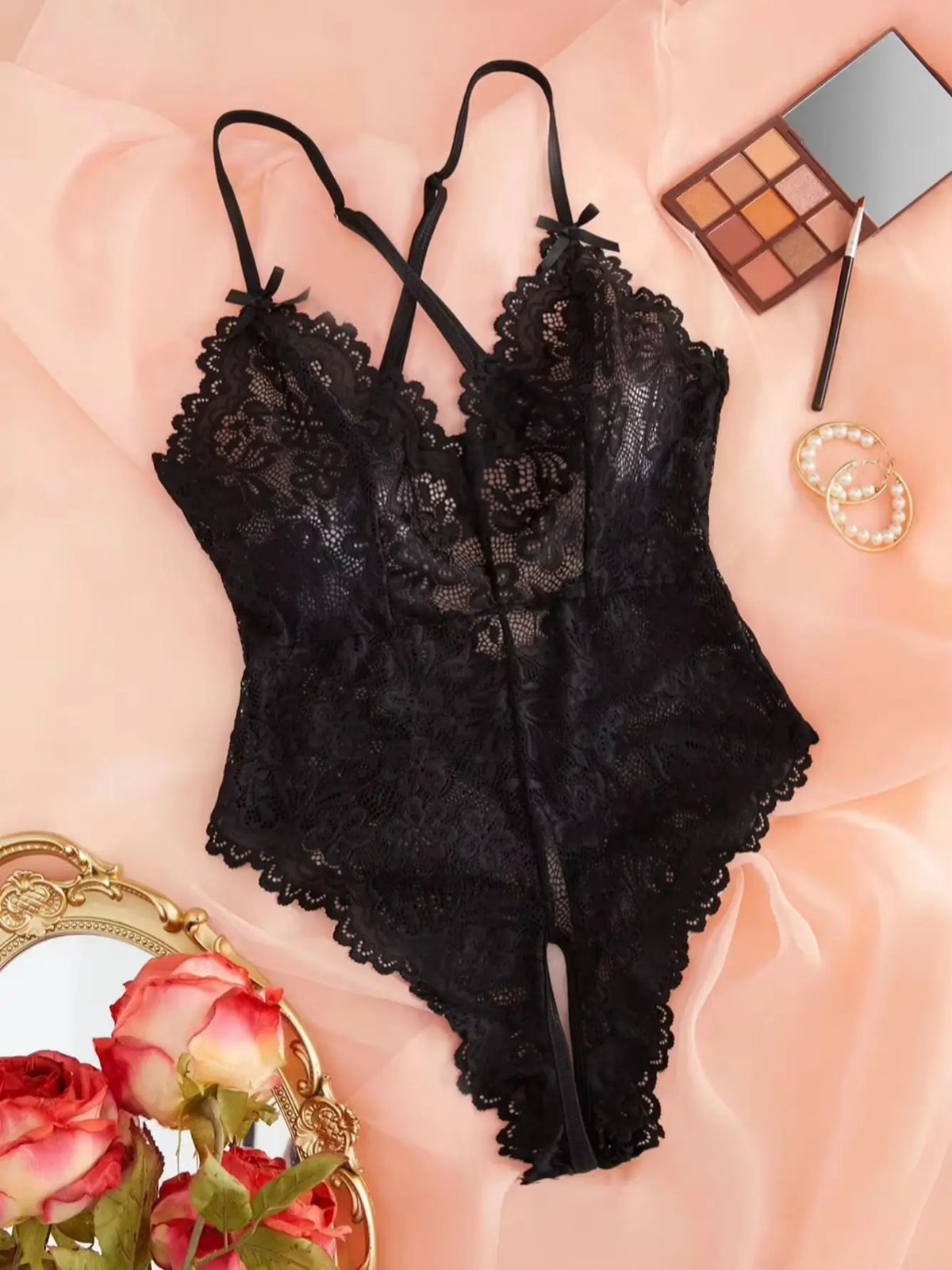 Black deep V lace one-piece halter top with sheer fitted floral mesh fabric for a sexy undergarment set. 21077