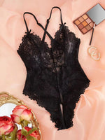 Black deep V lace one-piece halter top with sheer fitted floral mesh fabric for a sexy undergarment set. 21077