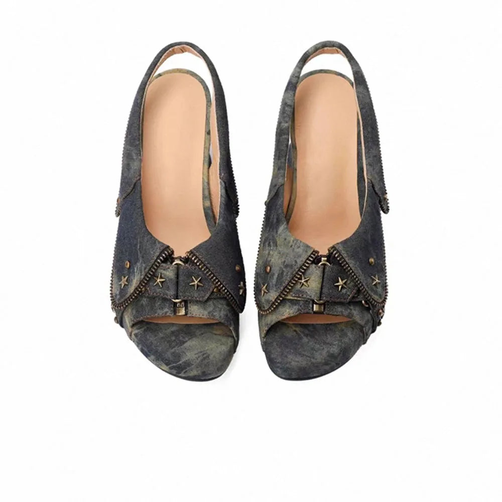 Brand New Women's Y2K Star Rivet Platform Sandals 2000's Peep Toe Slingback Chunky Heel Distressed Denim High Heeled Shoes