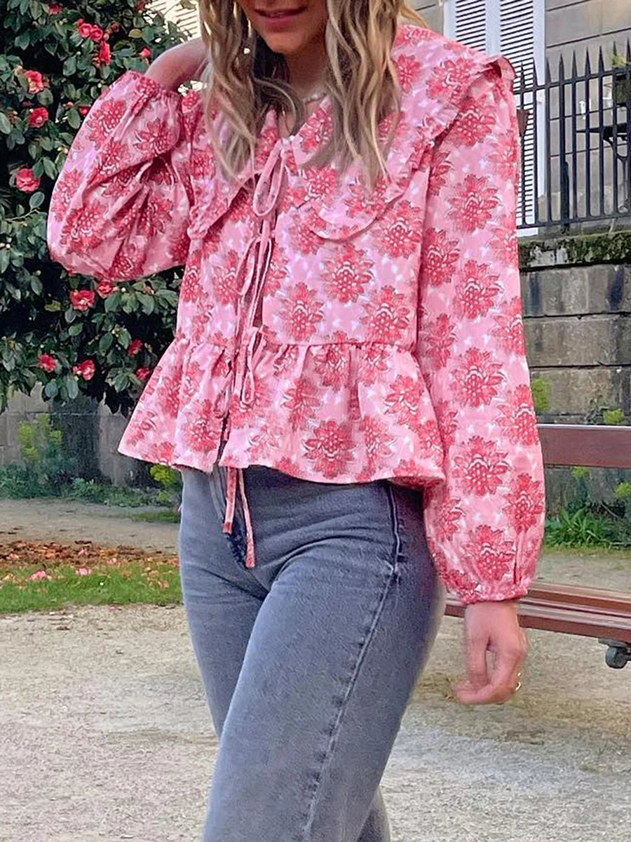 Floral Print Babydoll Tops for Women Casual Loose Doll Collar Open Front Tie-Up Ruffled Hem Long Sleeve Blouse for Fall