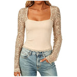 Women'S Sexy Lace Patchwork Square Collar Long Sleeve T-Shirt Elegant Sheer Mesh Slim Fit Cropped Top Spring/Fall 2026 Basic Top