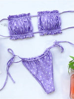 Elegant Purple Swimwear Women Sexy Off Shoulder Pleate Bikini Bandeau Hollow Out Lace-Up Push Up Bathing Suit Thong Swimsuit