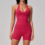 New Seamless Yoga Thread Set Women Hanging Neck V Neck Slim Sports Tank Top Hip Lifting Abdominal Tightening Shorts Fitness Suit