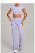 Women's Tracksuit Yoga Sets Back Hollow Out Short Sleeve Sports Shirts High Waist Straight Leg Pants Gym Running Fitness Suits