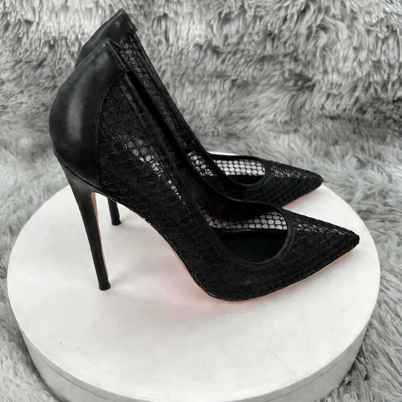 Women's Black Mesh Stiletto PumpsPointed Toe Hollow-Out High Heels, Sexy Sheer Dress Shoes for Party, Club, and Evening Even