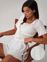 Women's Sleepwear Summer Sexy Hollow Women Pajamas Shorts Set Short Sleeve Cotton Pajamas Breathable Comfortable Homewear Set
