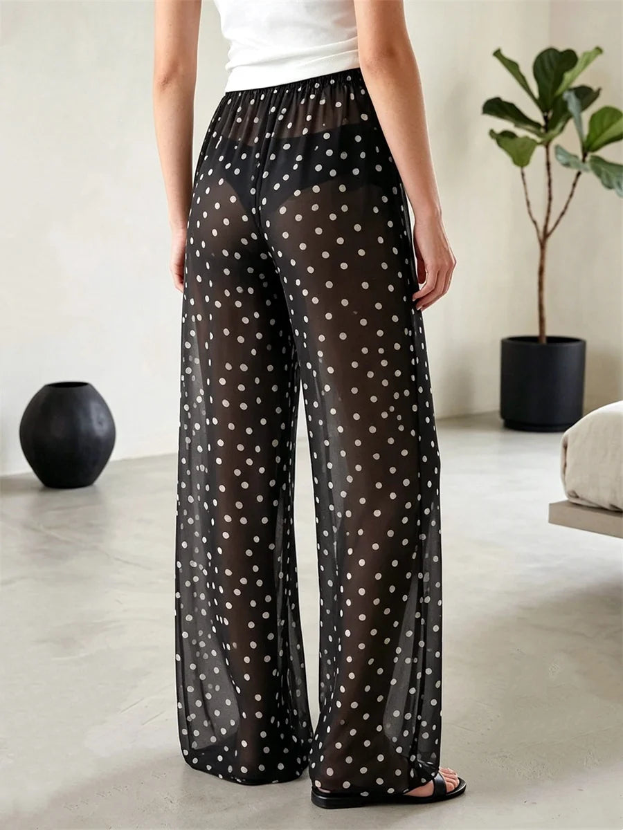 Women Sheer Mesh Pants Dots Print Elastic Waist Loose Fit Wide Leg Trousers Beach Bikini Cover up See Through Club Trousers