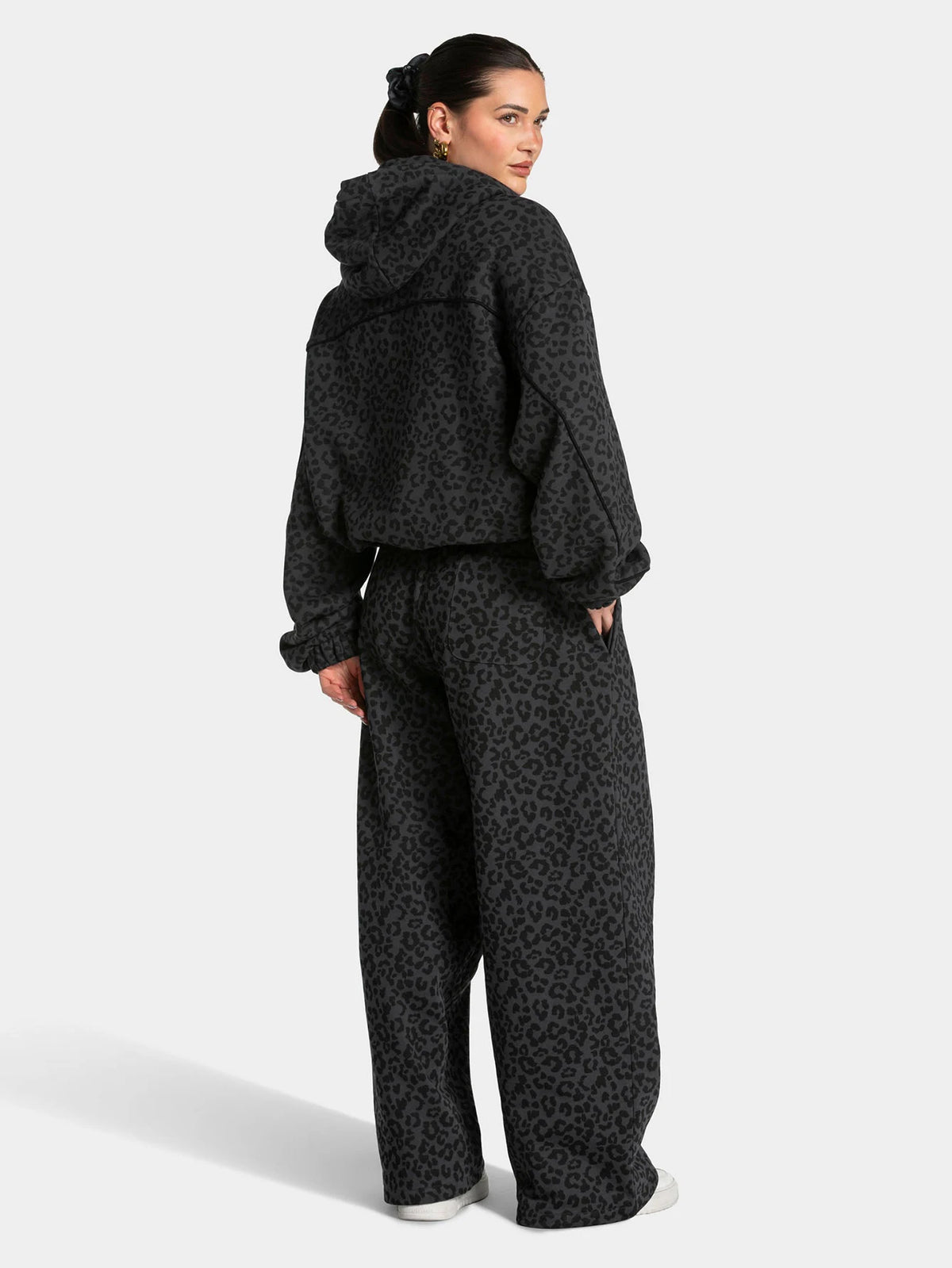 Vintage Leopard Hooded Sweatshirt Suit Loose Fit Contrast Line Wide Leg Trousers Fashion Athletic Tracksuit Outfit