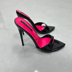 Patchwork Stiletto Heel Slippers Newest Pointed Open Toe One Strap Thin Heel Slip-on Sandals Sexy Big Size Dress Heels 12cm