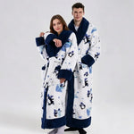 Warm Flannel Long Couples Robe Autumn Winter Color Block Lapel Funny Cartoon Print Bathrobe with Double Pockets Loungewear