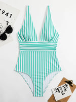 2026 Striped One Piece Swimsuit Vintage Swimwear Women V-neck Bathing Swimming Suit Female Summer Beachwear Bodysuit