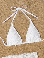 3D Flower with Mesh Sarong Skirt Bikini Women Swimwear Female Swimsuit Three-pieces Bikini Set White Bathing Suit Swim Beachwear