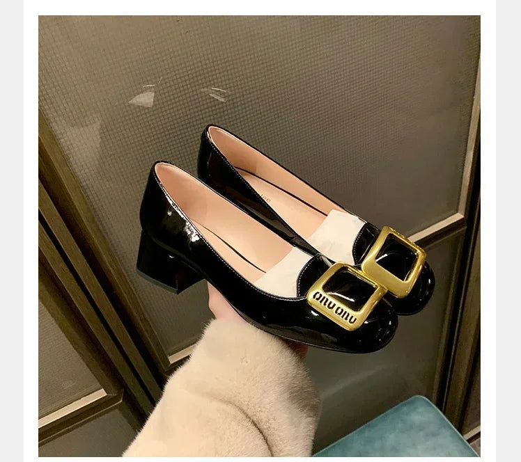 Women Pumps Fashion Square Heel Sexy High Heels Wedding Shoes Ladies Round Toe Metal Buckle Party Chunky Shoes Zapatillas Mujer