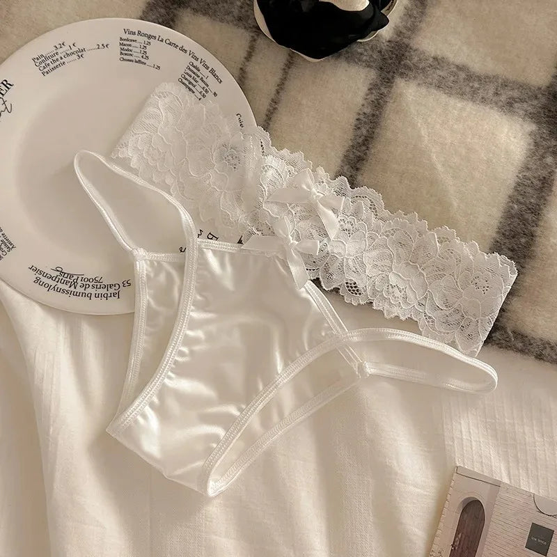 Cross Belt Lace Transparent Sexy Underpants Women's Low Waist Mesh Hollowed Bow Panties Cotton Breathable Briefs Lingerie