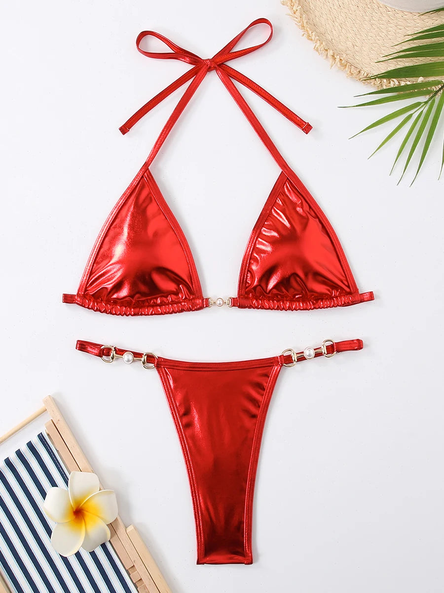 Triangle Thong Bikini 2025 Halter Pearl Link Swimsuit Women Padded Swimwear Female Bathers Bathing Swimming Swim Suit Beachwear