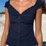Women's Button Down Tops Fashion Cap Sleeve Solid Color Slim Fit Frill T-Shirts Summer Blouses