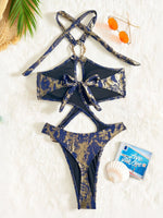 Shiny Blue Snakeskin Print One Piece Swimsuit Women 2026 Sexy Hollow Out Backless Metal Cross Bathing Suit Swimwear Monokini