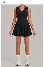 Summer Women Solid Tennis Dresses Sleeveless Turn Down Collar Pleated Skirts with Detachable Pocket Shorts Slim Yoga Golf Dress