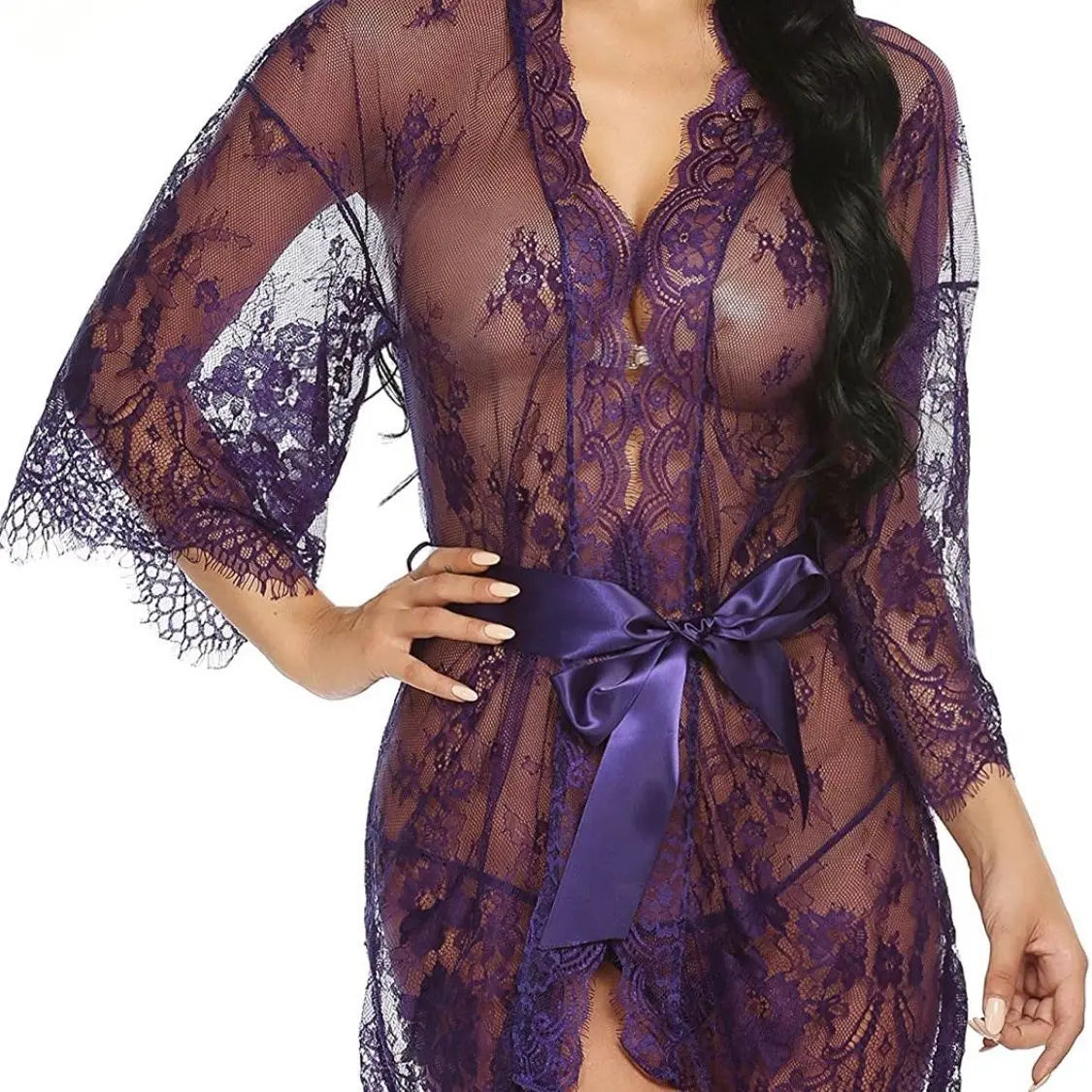 Romantic Lace Robe Set Women Sheer Floral Babydoll Lingerie Nightwear Belt Elegant Bridal Boudoir Sleepwear Mesh Nightgown