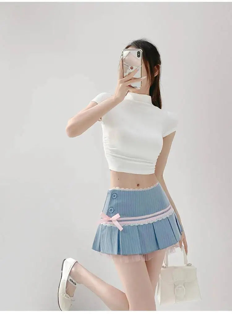 Striped Contrasting Color Bow Lace Splicing Pleated Skirt Women 2026 Summer American Style Low WaistA-line Short Skirt UBFK