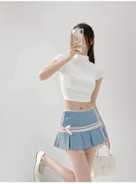 Striped Contrasting Color Bow Lace Splicing Pleated Skirt Women 2026 Summer American Style Low WaistA-line Short Skirt UBFK