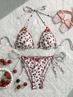 Sexy White Strawberry Print Mini Bikini 2026 Women Bow Strap Push Up Tie Side Thong Swimsuit Beach Holiday Bathing Suit Swimwear