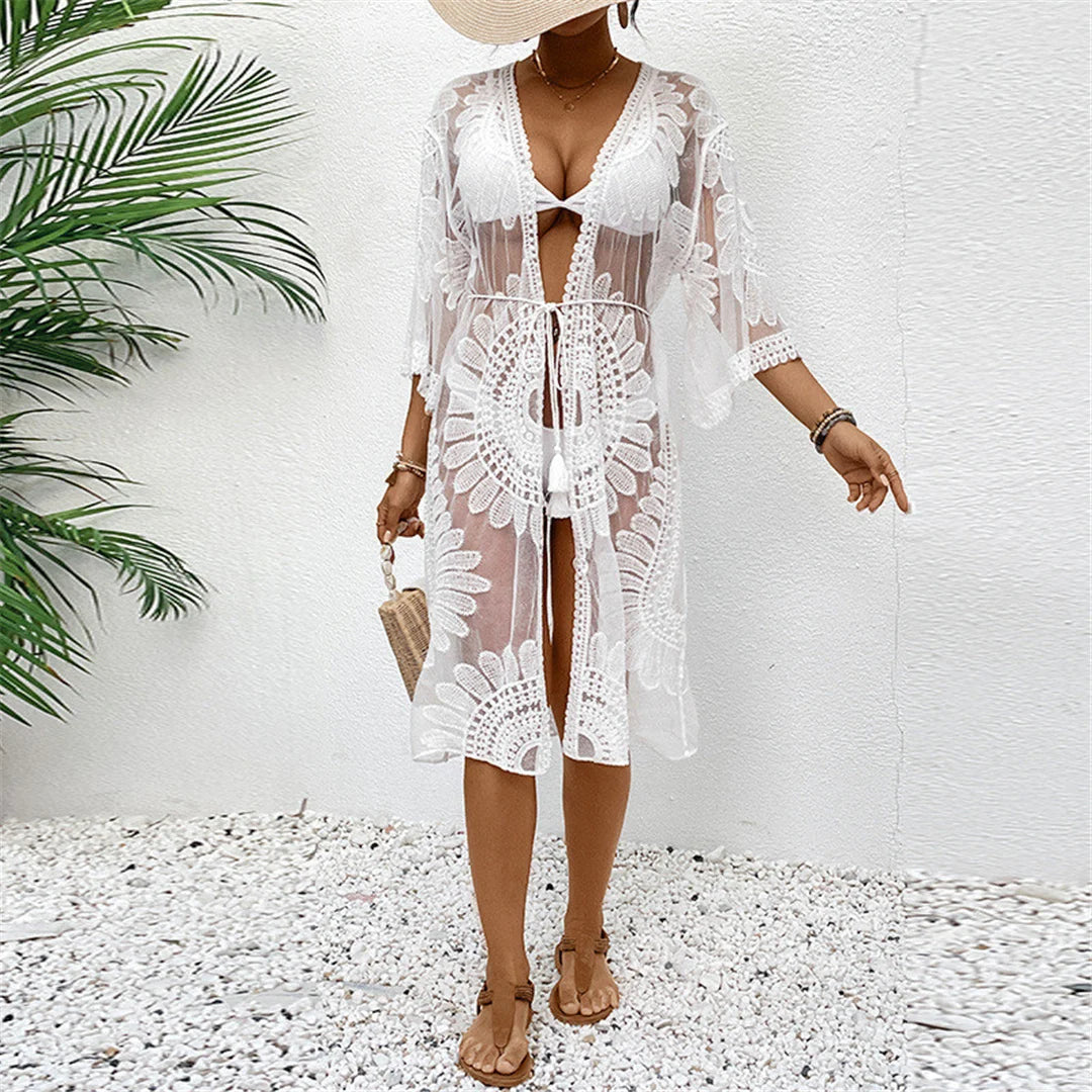 Sexy Embroidery Half Sleeve Chiffon Cardigan Tunic Beach Cover Up Cover-ups Beach Dress Beach Wear Beachwear Female Women V5510