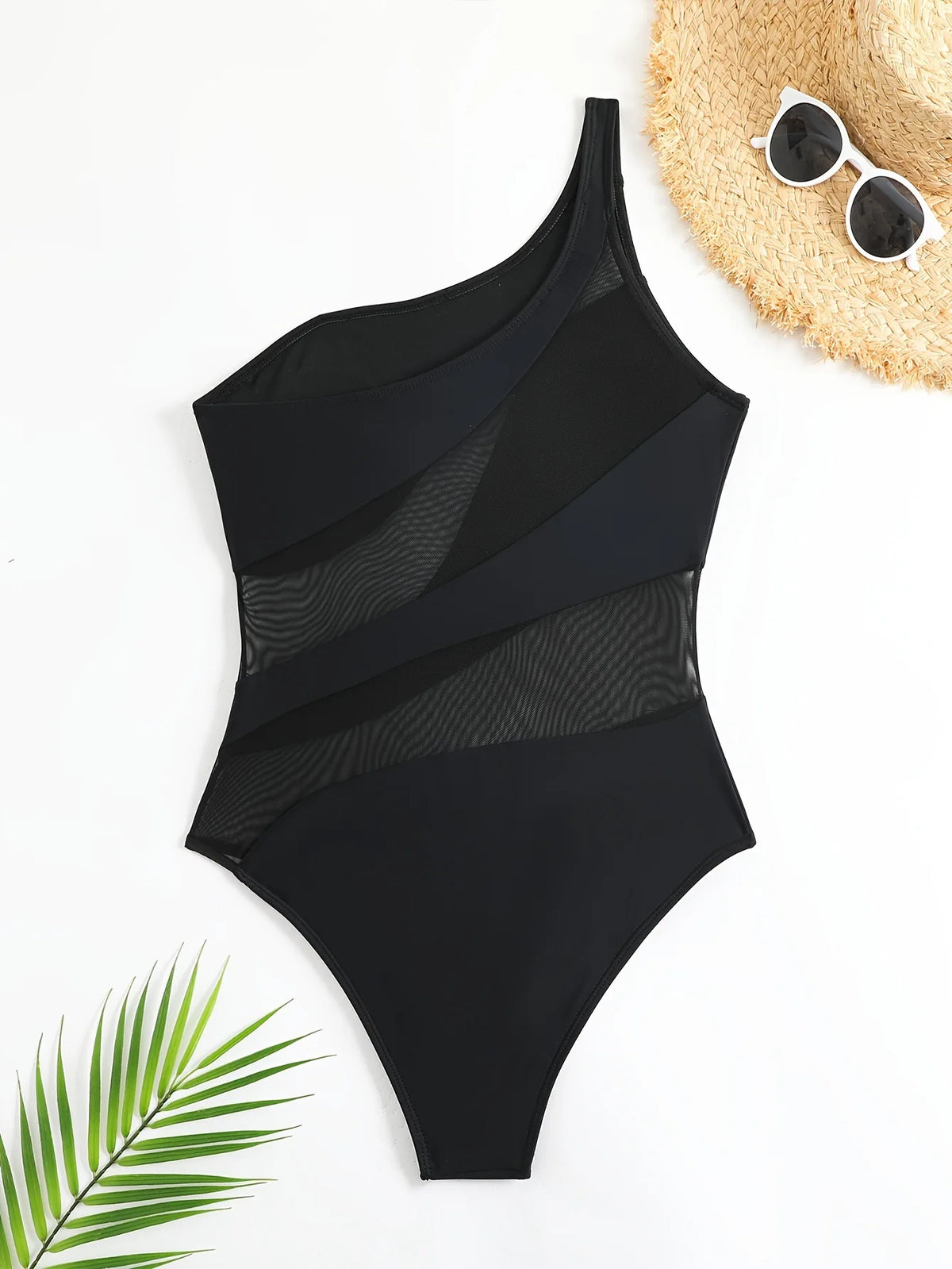Sexy One Shoulder Swimwear Women 2026 Vintage Mesh Patchwork Transparent Tummy Control One Piece Swimsuit Beach Bathing Suits