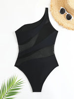 Sexy One Shoulder Swimwear Women 2026 Vintage Mesh Patchwork Transparent Tummy Control One Piece Swimsuit Beach Bathing Suits
