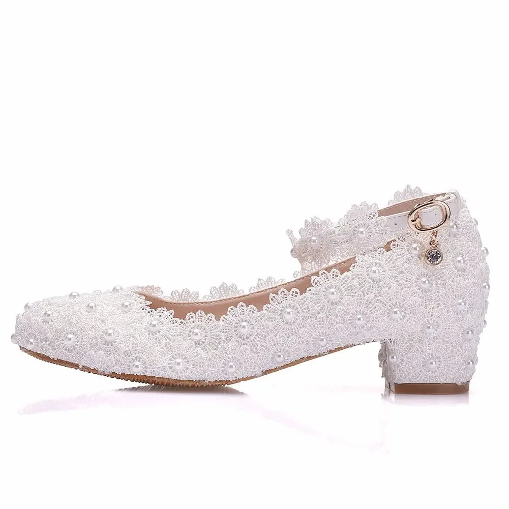 Women 3CM High Heels White Lace Pearl Wedding Shoes Sexy Bride PartyPointed Toe Shallow Mouth Pumps Shoe BridesmaidPink