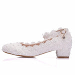 Women 3CM High Heels White Lace Pearl Wedding Shoes Sexy Bride PartyPointed Toe Shallow Mouth Pumps Shoe BridesmaidPink
