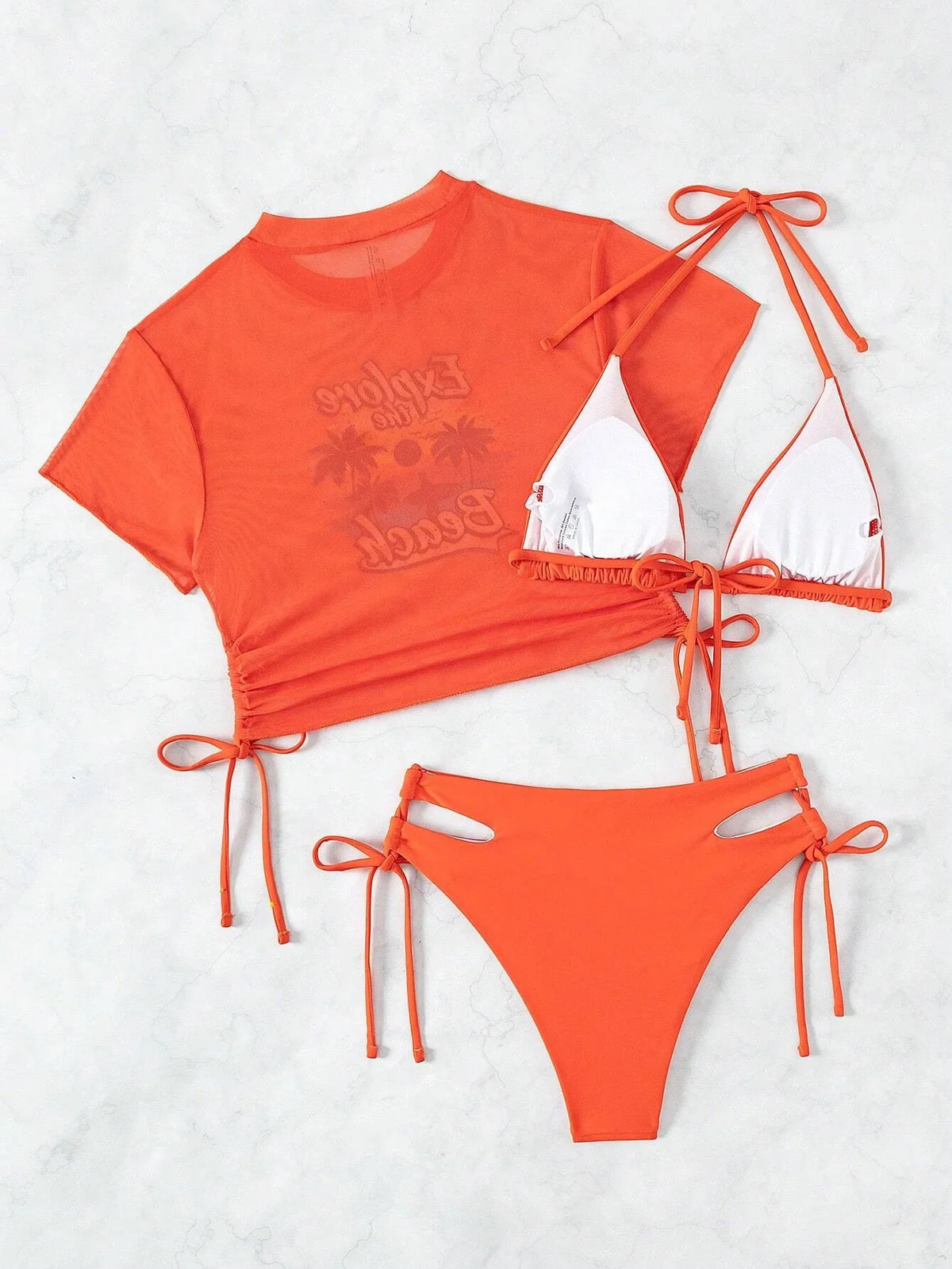 2026 Black Crop Top Swimwear Women Summer Sexy Beachwear Mesh Short Sleeve Cover Ups Top Three Piece Swimsuit Lace Up Bikini Set