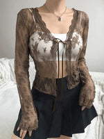 Women Floral Lace Shirts Long Sleeve Front Tie-up Smock Tops Sexy Beach Tops and Blouses Female See Through Cover-ups