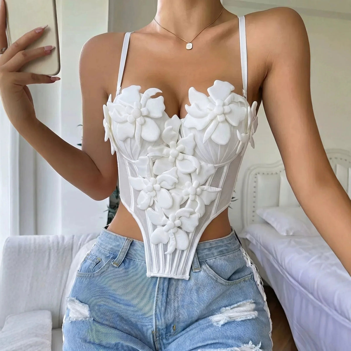 Summer White 3D Flower Camisole Vest Women Sexy Hanging Neck Transparent Mesh Embroidered Corset Slim Fit Fishbone Tank Tops