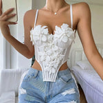 Summer White 3D Flower Camisole Vest Women Sexy Hanging Neck Transparent Mesh Embroidered Corset Slim Fit Fishbone Tank Tops