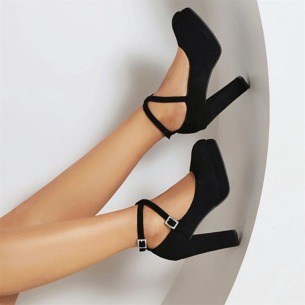 2026 Plus Size 43 Elegant Pink Cross-strap Pumps Office Lady Classic Black High Heels Shoes Women Purple Platform Party Shoes