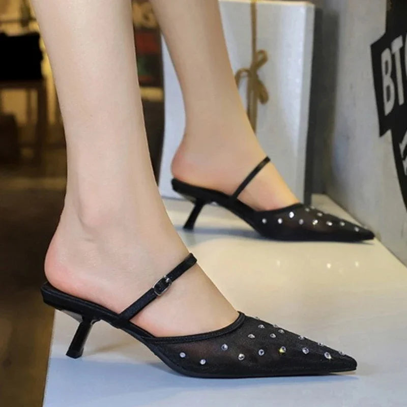 BIGTREE Crystal Mesh Fabric Pointed Toe Slippers Women Sexy Elegant Buckle Strap Party Prom Thin Low Heels Mule Shoes