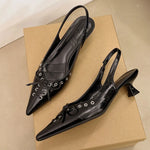 2026 Size 42 Vintage y2k Flowers Black Pointy Toe Slingback Pumps Cross-strap Summer 5cm Kitten Heels White Lady Shoes Women