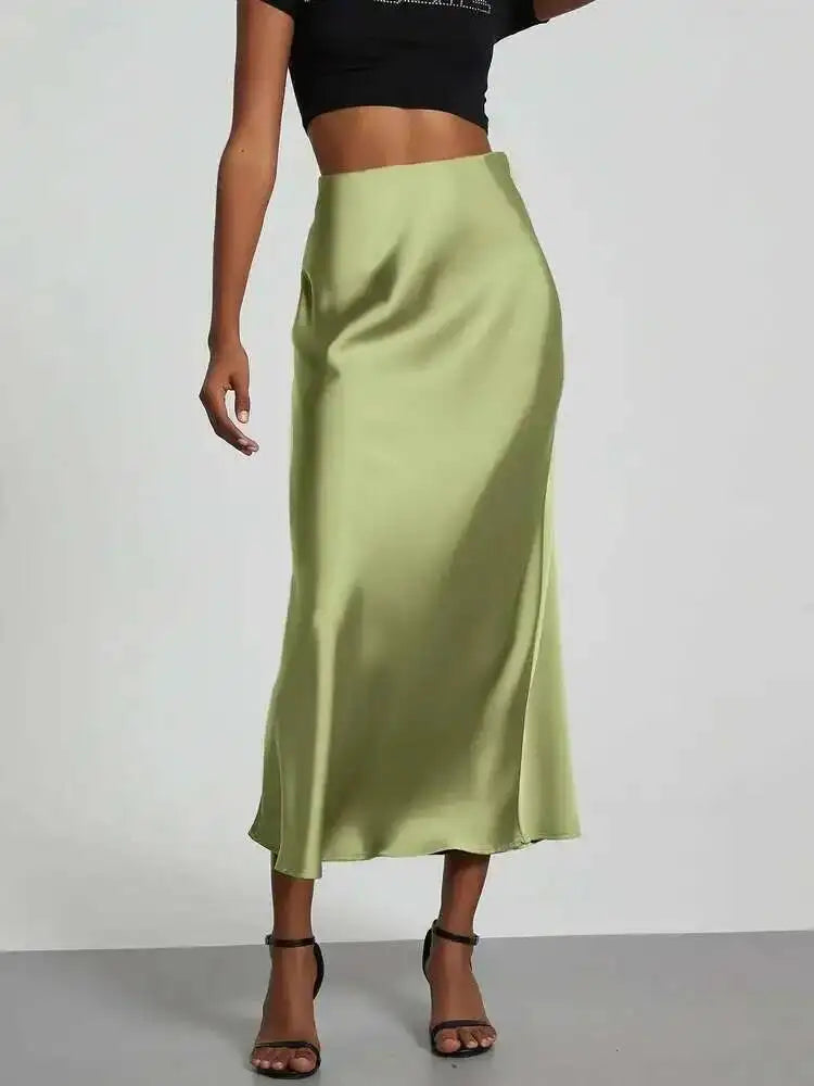 28 Colors New 2026 Women's Elegant High Waist Satin Long Skirts Female Summer Solid Color Faldas Fashion Women Skirts KBA3