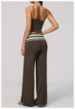 Women's 2 Piece Yoga Set Halter Neck Crop Top Fold Over Waist Wide Legged Flare Trousers Polka Dot Striped Gym Workout Running
