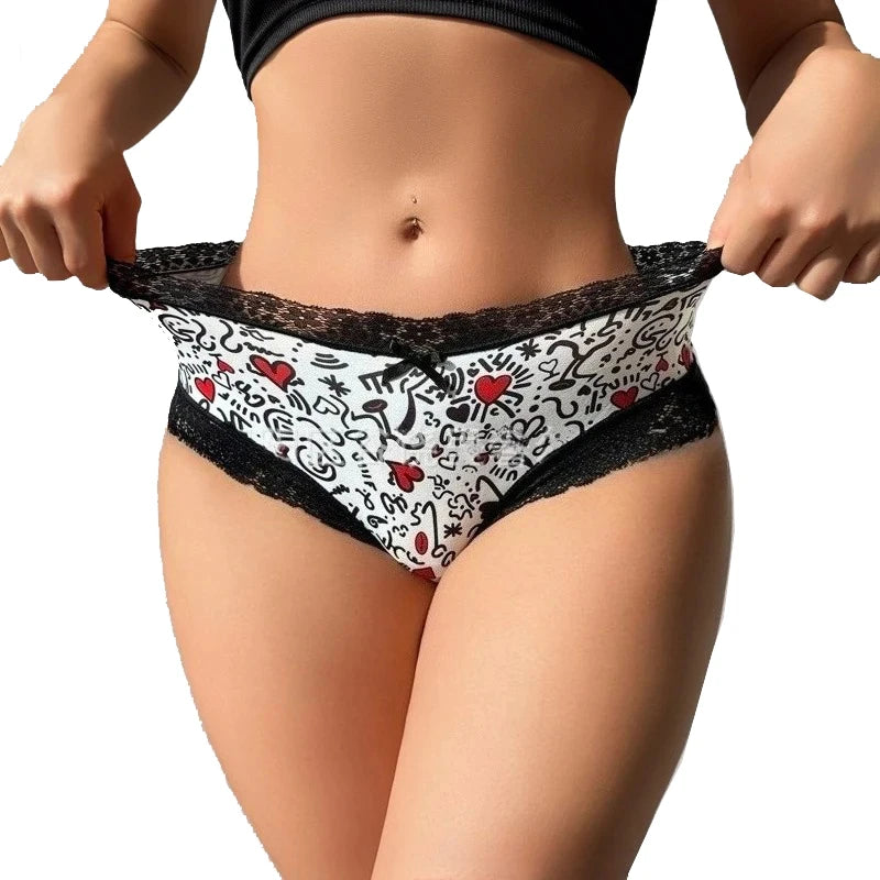 1pcs Low Waist Print Decor Sexy Lace Women's Panties Patchwork Elegant Sexy Lingerie Breathable Comfortable Fashion Lady Briefs