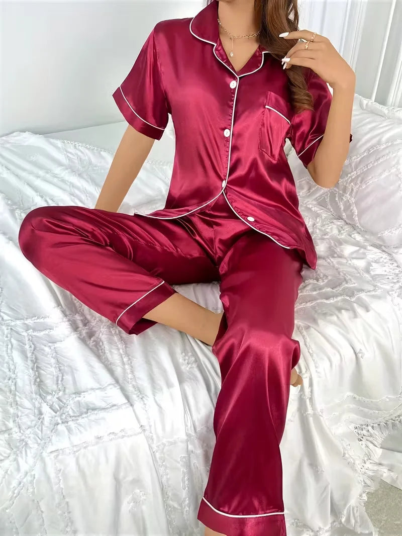 Autumn Winter Sleepwear Women's Satin Pajamas Set,Short Sleeve Top and Long Pants,Comfortable Casual Home Wear and Outdoors