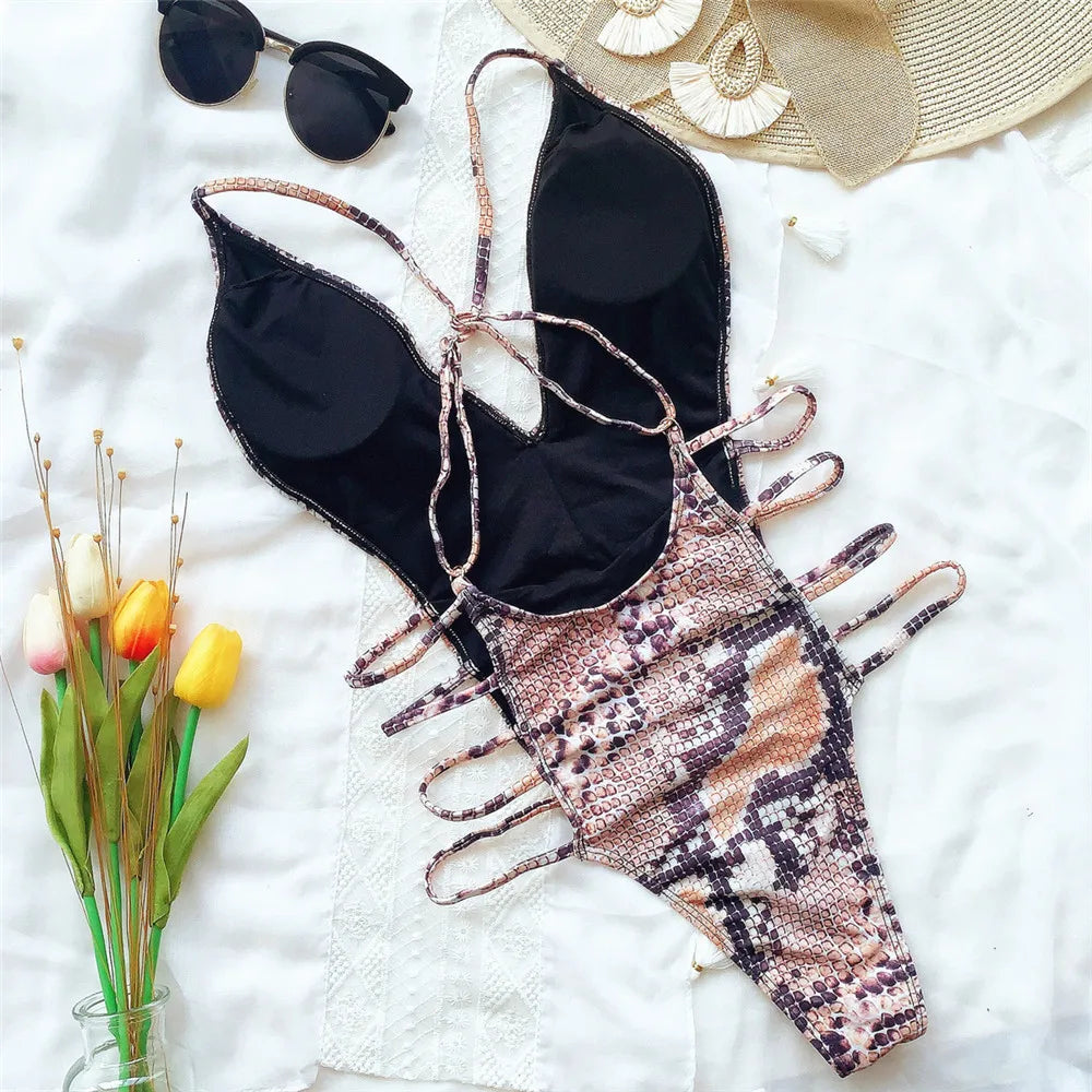 Sexy Snake Print Backless Swimwear One Piece Swimsuits Woman 2026 Hollow Cut Out Monokini String Bathing Swimming Suit Bather