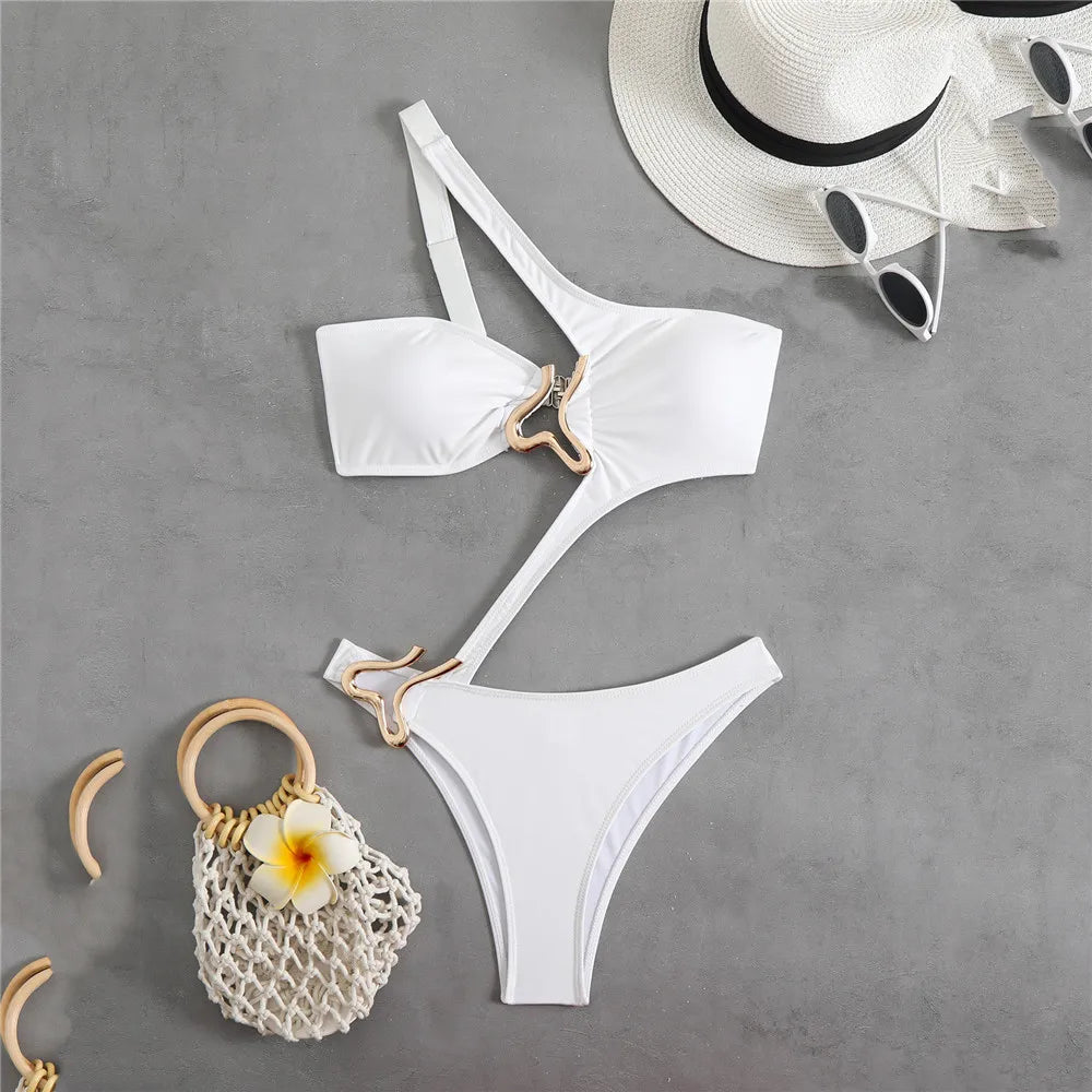 Sexy Black One Shoulder Swimwear One Piece Swimsuit Women 2026 Hollow Out Monokini Metal Ring High Cut Bathing Suit Swim Wear