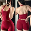 2PCS Seamless Halter Neck Yoga Set Push up Sports Bra And High Waist Butt Lift Fitness Shorts Tummy Control Fitness Wear